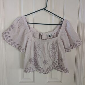 American Eagle Outfitters Light Lavender Embroidered Off-Shoulder Crop Top